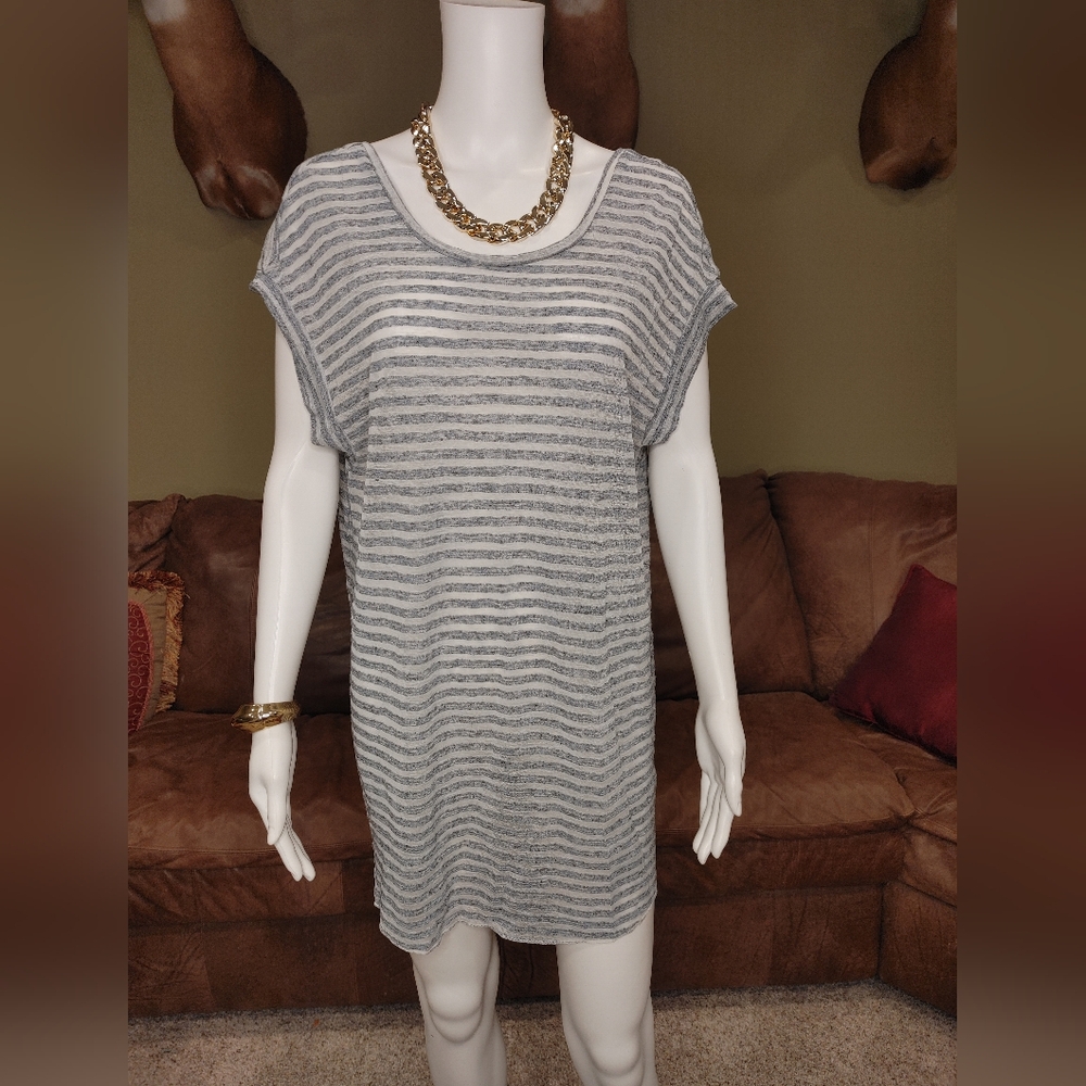 VICTORIA'S SECRET Linen Blend Striped Tunic, White & Blue M